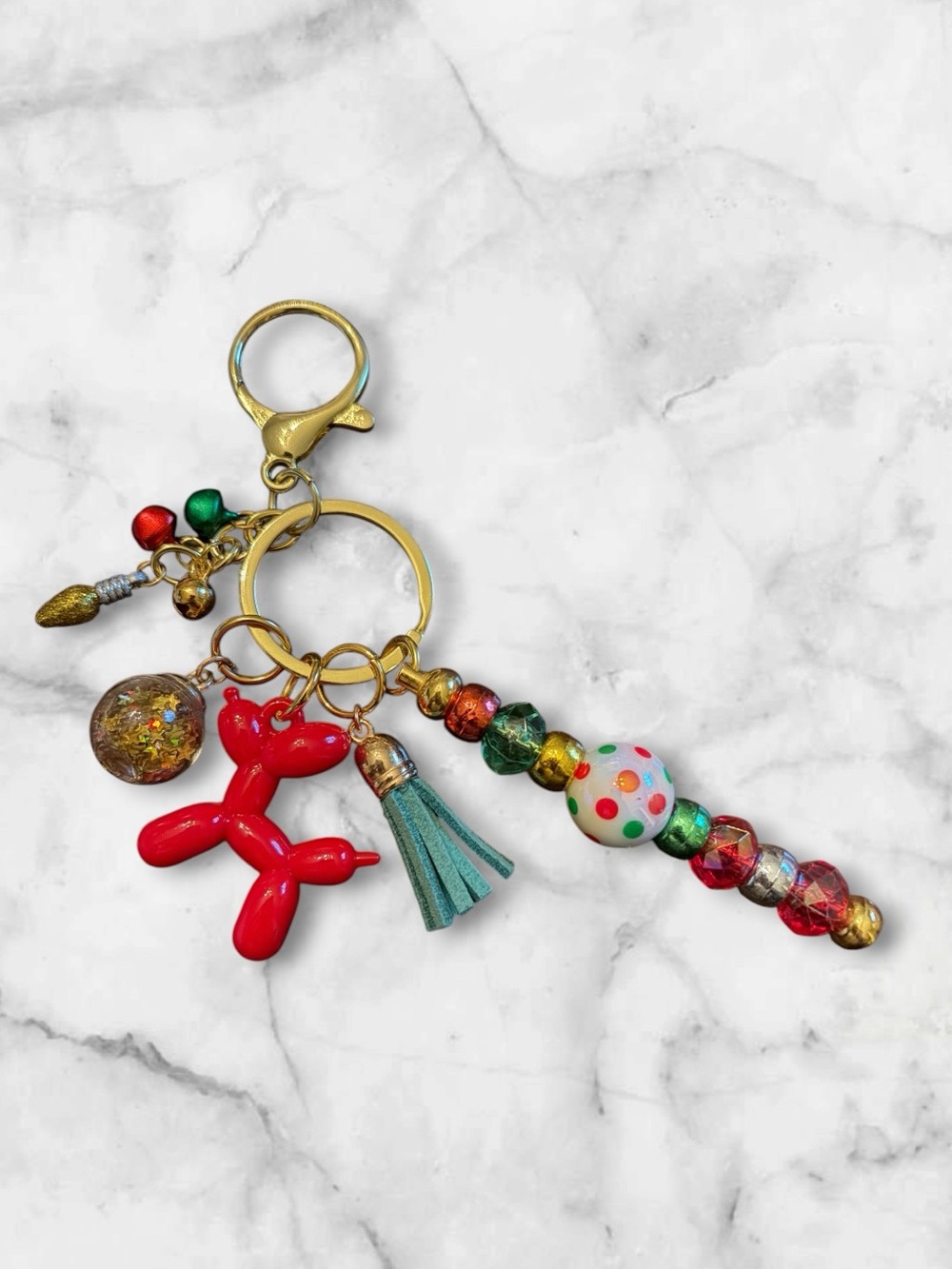 Colorful Christmas Balloon Dog Keychain with Tassel and Beaded Charm - Red